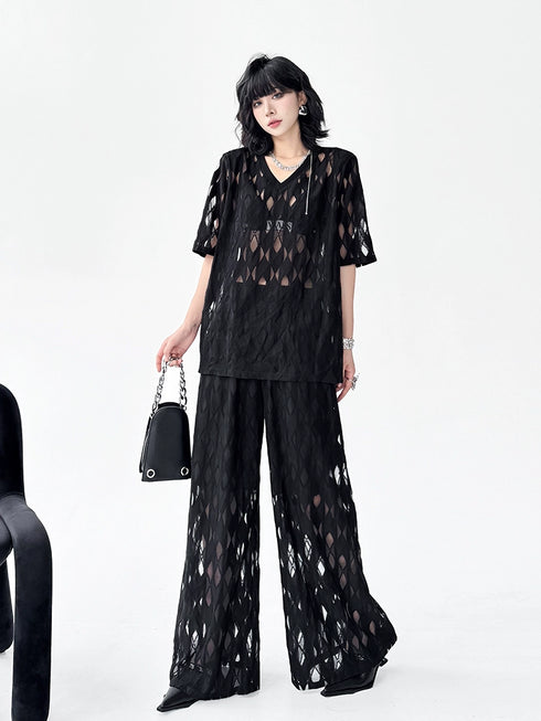 Mesh Diamond Pattern Tops & Pants Co-ord